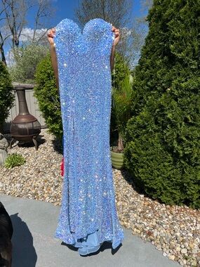 Portia and Scarlett Iridescent Light Blue Sequin Strapless Mermaid Gown